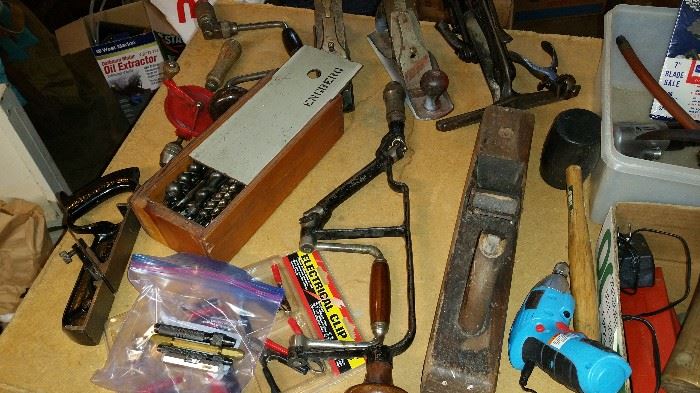antique tools -- hand drill, Greenlee brace bits, Stanley 190 rabbet plane