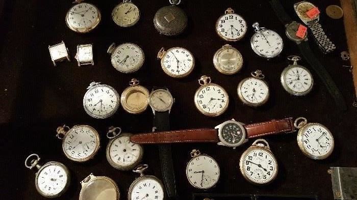 pocket watch selection, wrist watches incl Longines.  many of these are running.