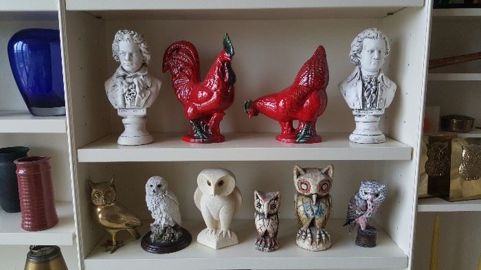 Brass Owl, Handel Painted Owl, Hand Carved Mexico Owl , Cement Owl, Royal Haeger Rooster and Hen.  