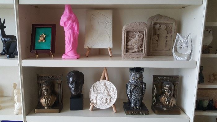 Pink Jesus! Wood Carved Owls, Baylor Owl, J.F.K. book ends, Beetoven Busts