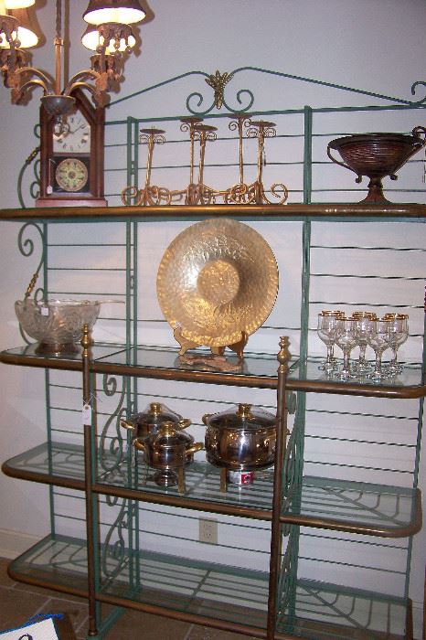 Wonderful bakers rack of iron, brass with glass shelving