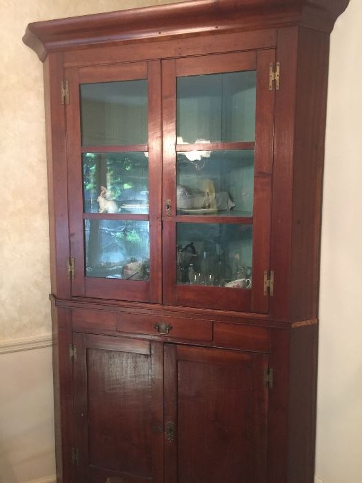 Antique corner cabinet with drawer original glass very nice large cabinet