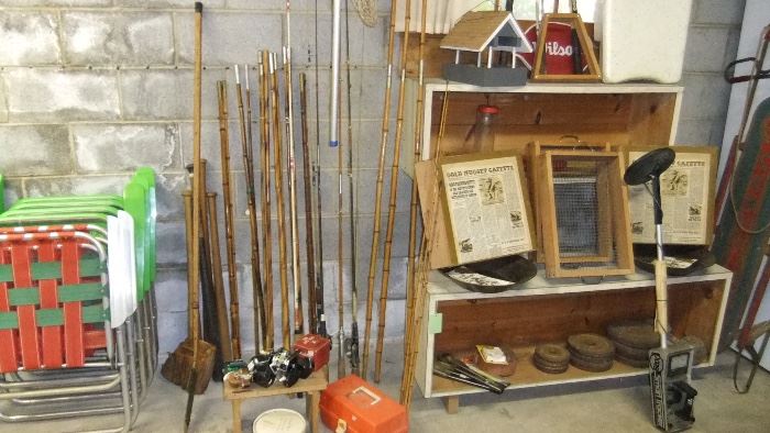 baseball bats, fishing rods/reels, gold panning, weights