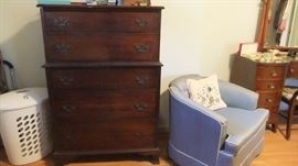 Boudoir chair, highboy chest of drawers, 1930's desk vanity