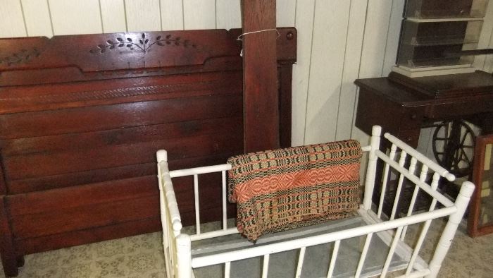 Eastlake bed and antique spindle crib