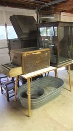 Antique retail display case, cash drawer/display, old tubs, Victorian record player
