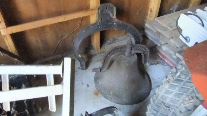 1886 cast iron farm bell with harness, flat board lengths and scraps galore