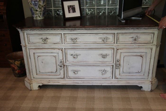 Distressed white wood chest of drawers            71"Wx33"H x24"D