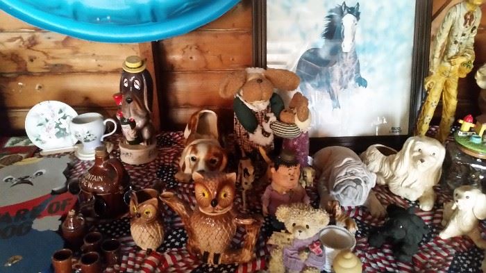 Budweiser items, Blatz Beer items, Ceramic Dogs Figurines and Doggy Penny Banks (large) & a "How dry I am" music box, etc.