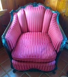 Antique Victorian Mahogany Arm Chair with Gorgeous Details & Striped Upholstery