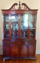 1940s Mahogany Queen Anne China Cabinet, Johnson Bros. Chinoiserie Polychrome Transferware Dishes, Crystal Decanters & Other Crystal