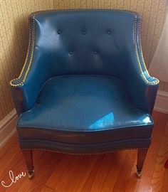Stunning Dark Teal Leather & Tack Mid C Modern Armchair with Casters