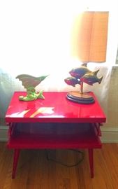 Mid Century Modern End Table (Painted Red Gloss), Royal Haeger Swordfish Vase, Mid C Modern Brass Fish Lamp