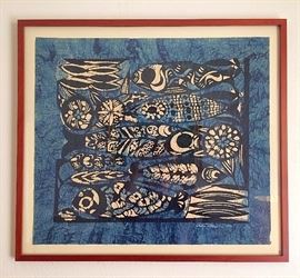 Original Limited Framed "Five Fish" Stencil Print by Sadao Watanabe 