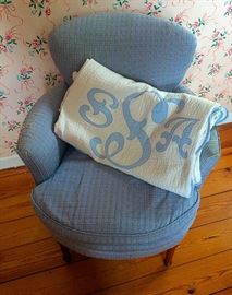 Lovely Vintage Armchair & Monogrammed Quilt