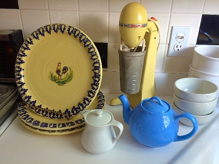 Vintage Mixer, Teapot, Creamer & Plates