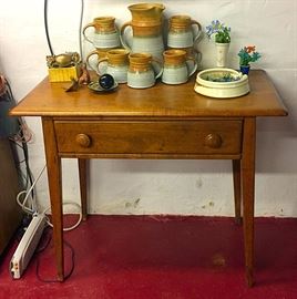 Antique Primitive Occasional Table, Pottery & More