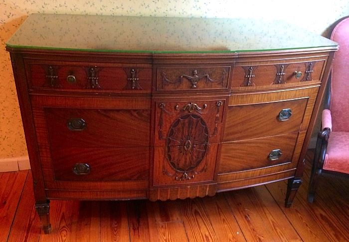 Antique Carved & Inlaid Bow Front Chest