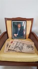 Vintage JFK poster by Fabian Bachrach, newspaper clippings from the Detroit News featuring the death of Elvis