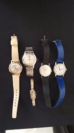 Vintage watches including brands like Gruen, Timex, and Dorset