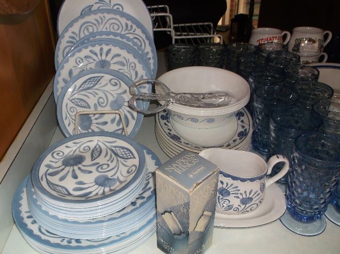 Correle dinnerware and blue White Hall glassware