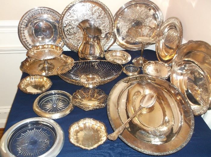 Silver plate trays, bowls, compotes, and pitcher