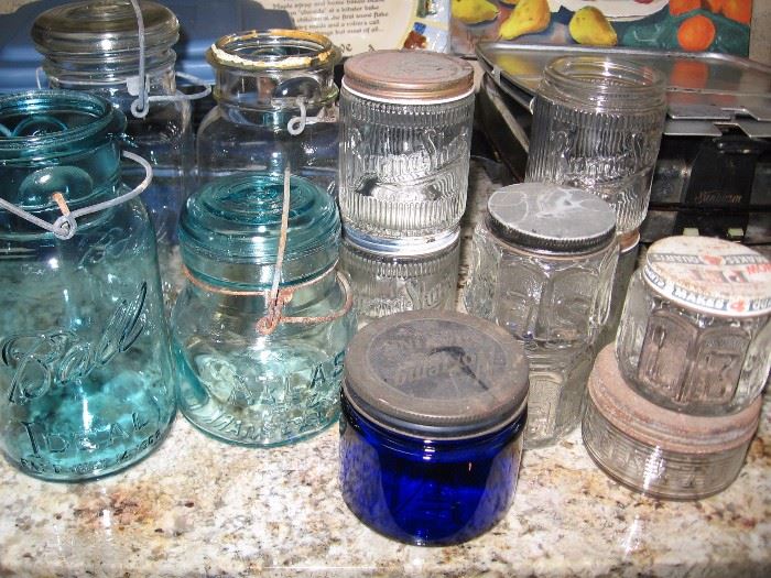 Blue fruit jars BurmaShave, and barbasol jars