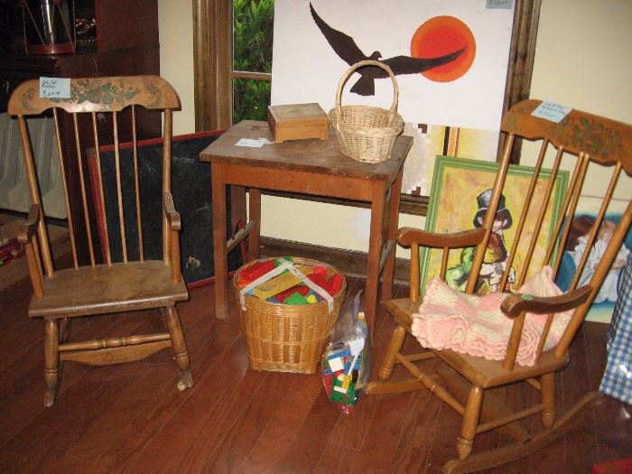 Child's desk, card table, and rocking chairs