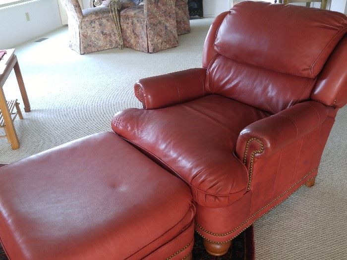 Thomasville Furniture, red leather club chair and ottoman