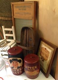Wood hand painted Quaker Oats and Lipton Tea Containers.  Old egg basket is featured in the back.