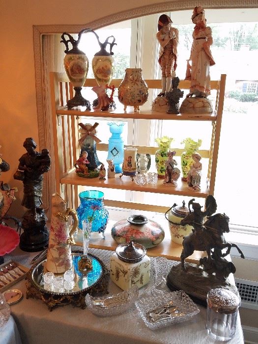 Ewers, Extra large Figurines, Dutchboy Majolica vase, Bristol Vases, Biscuit Jars, Ex nice Plateau, Horse and rider Figure, more
