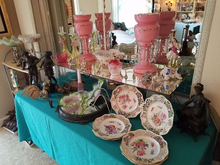 Large pair of Pink Victorian Lusters, Dresden Plates and Center Bowl, Enameled Satin Perfume, Venetian Candlesticks, most unusual Old Paris Figural Candle Holder, Spelter Figures