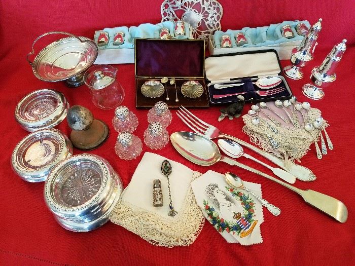 Sterling Salt Spoons, 800 Silver Stuffing Spoon and Meat Fork, ex small sterling overlay perfume, Sterling Salts and spoons in box, Cut shakers with sterling tops, Sterling Salt & Pepper, more