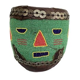 Yoruba glass beaded basket with leather and Nigerian "penny" coin trim