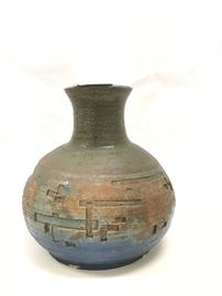 Substantial vessel, glazed blue interior; by a now deceased local cermicist, Paul Lukacz