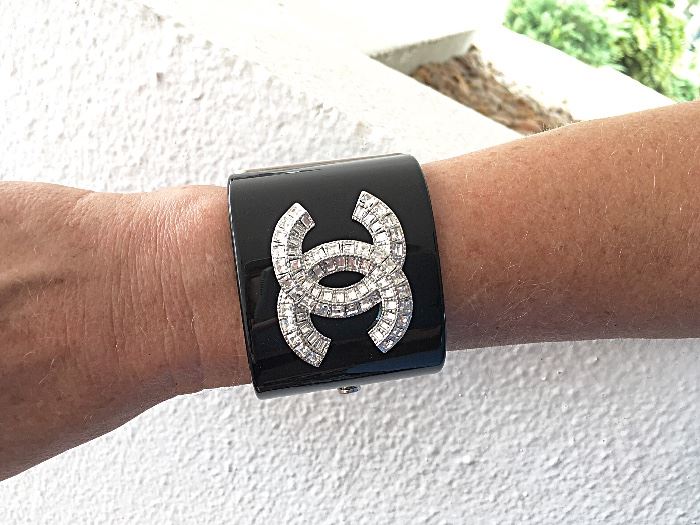 Chanel crystal and black resin statement "clamper" cuff; retail price was $2300