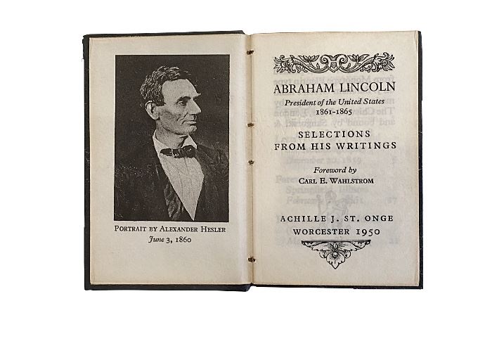 St. Onge published miniature Lincoln book; gilt in tact; hand-woven rag paper, crushed leather binding; from the estate of Archer Shaw, 30-yr. editor with Cleveland Plain Dealer; one of several miniature books available, including 2 works of Lincolnalia from Black Cat press