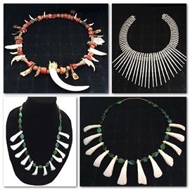 Fine buffalo teeth necklaces; Art Deco style sun ray crystal necklace