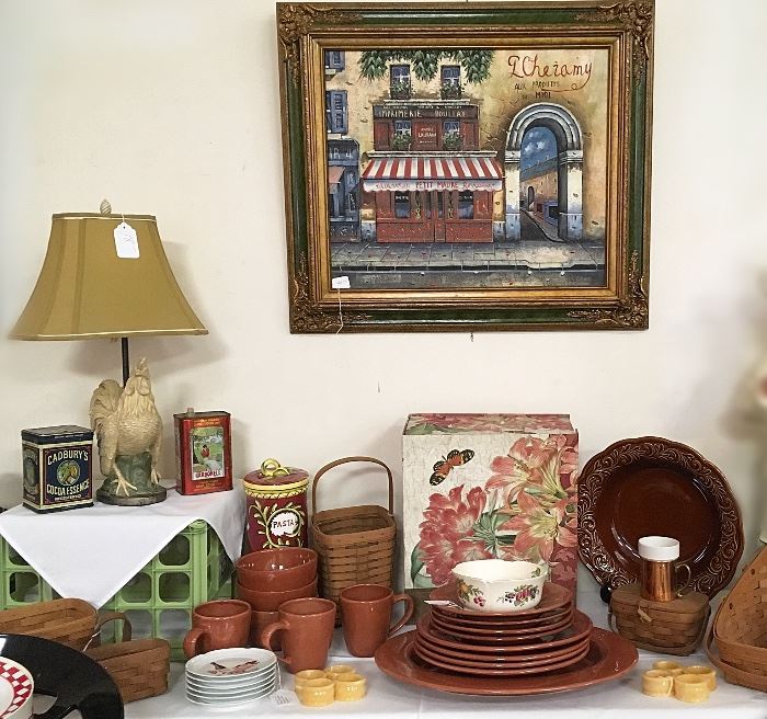 Assorted kitchenwares,and a few Longaberger baskets, including a wine caddy basket