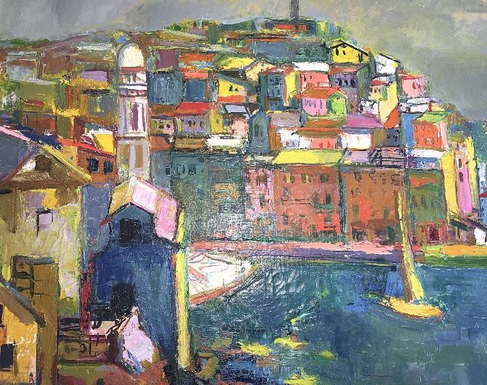 Beautiful work by Hungarian artist Ferenc Bordás (1911 - 1982); framed; homes in Budapest, along the Danube