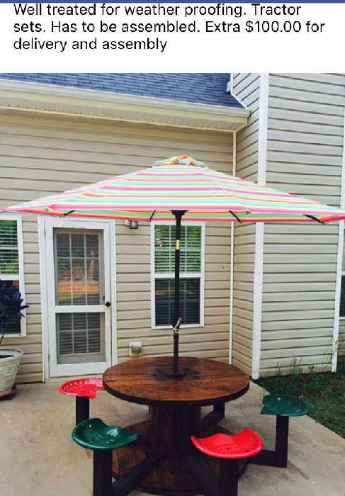 6 seat Spool Patio Set. Heavy Duty. Never used. Umbrella is new. Whole thing has been stored in my garage. $300.00
