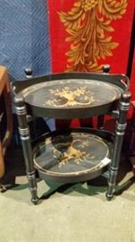 painted wood tray table with x style base that folds for storage