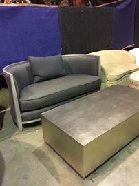 Swaim settee measures 34"h x 68"w x 38"d and Schnadig taupe silver leaf coffee table measures 17"h x 60"l x 30"d - two very chic pieces for sale