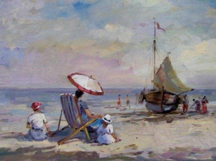 Mabel May Woodward Oil Painting, Beach Scene