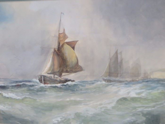 Watercolor, ships on stormy seas, marine scene by Pennsylvania artist, Richard H. Burfoot, signed