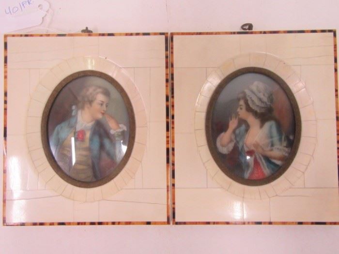 Pr. of miniature paintings on ivory, 19th C., in ivory frames, signed but difficult to discern