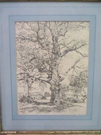 Childe Hassam etching.  Wayside Inn, signed with initials