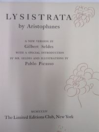 Rare Limited Editions Club book, Lysistrata by Aristopahnes.  A New Version by Gilbert Seldes with a special introduction and illustrations by Pablo Picasso. 1934  Signed by Pablo Picasso