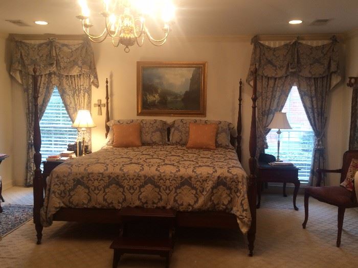 king size bed, nightstands, lamps, area rugs