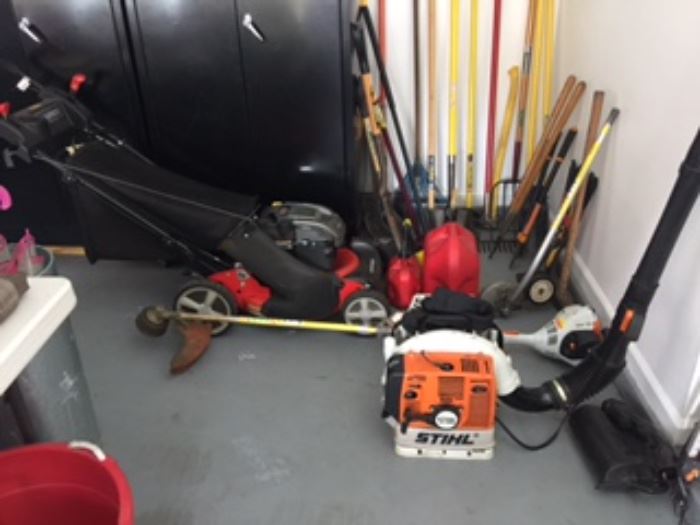 Gas trimmer, Stihl blower, Lots of tools